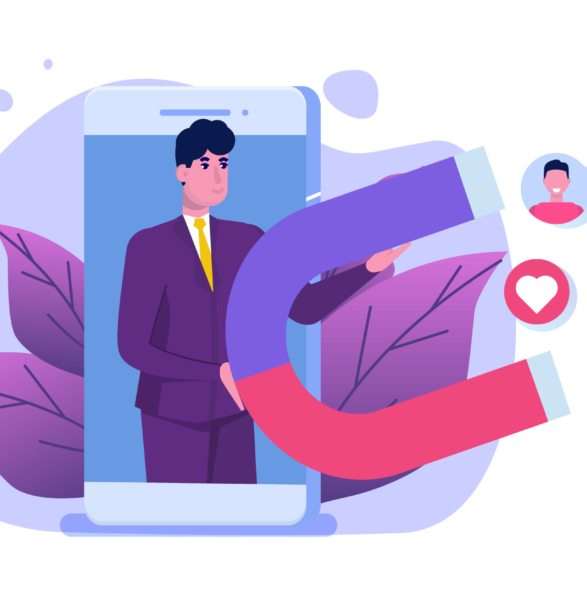 Influencer  digital marketing concept,  engaging with followers, social campaign. Vector illustration.