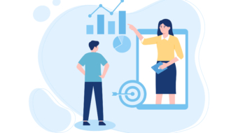 Illustration of a woman and a man looking at charts on the phone trending concept flat illustration