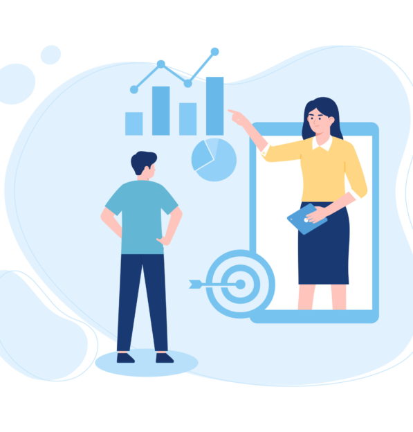 Illustration of a woman and a man looking at charts on the phone trending concept flat illustration